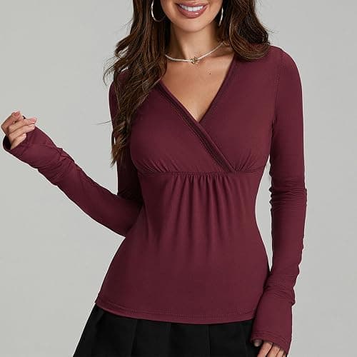 Women Fairy Grunge Wrap V-Neck Tops Long Sleeve Slim Fit Aesthetic Top Y2K Shirts Streetwear thumbnail 6