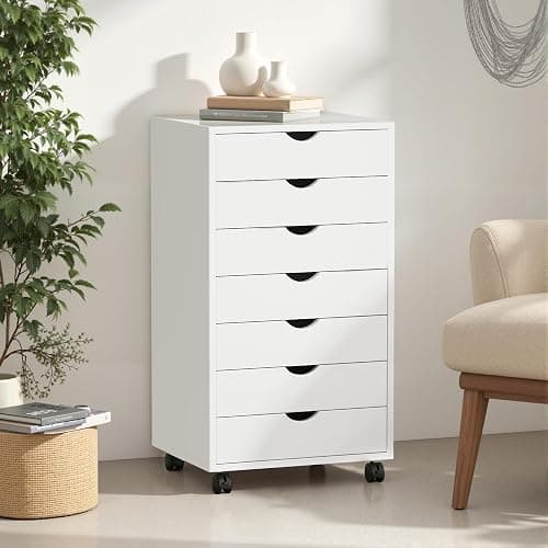 Simple Deluxe 7 Drawer Chest Mobile Storage Cabinets Wooden Dresser with Wheels Room Organization Furniture for Office, Pure White thumbnail 7