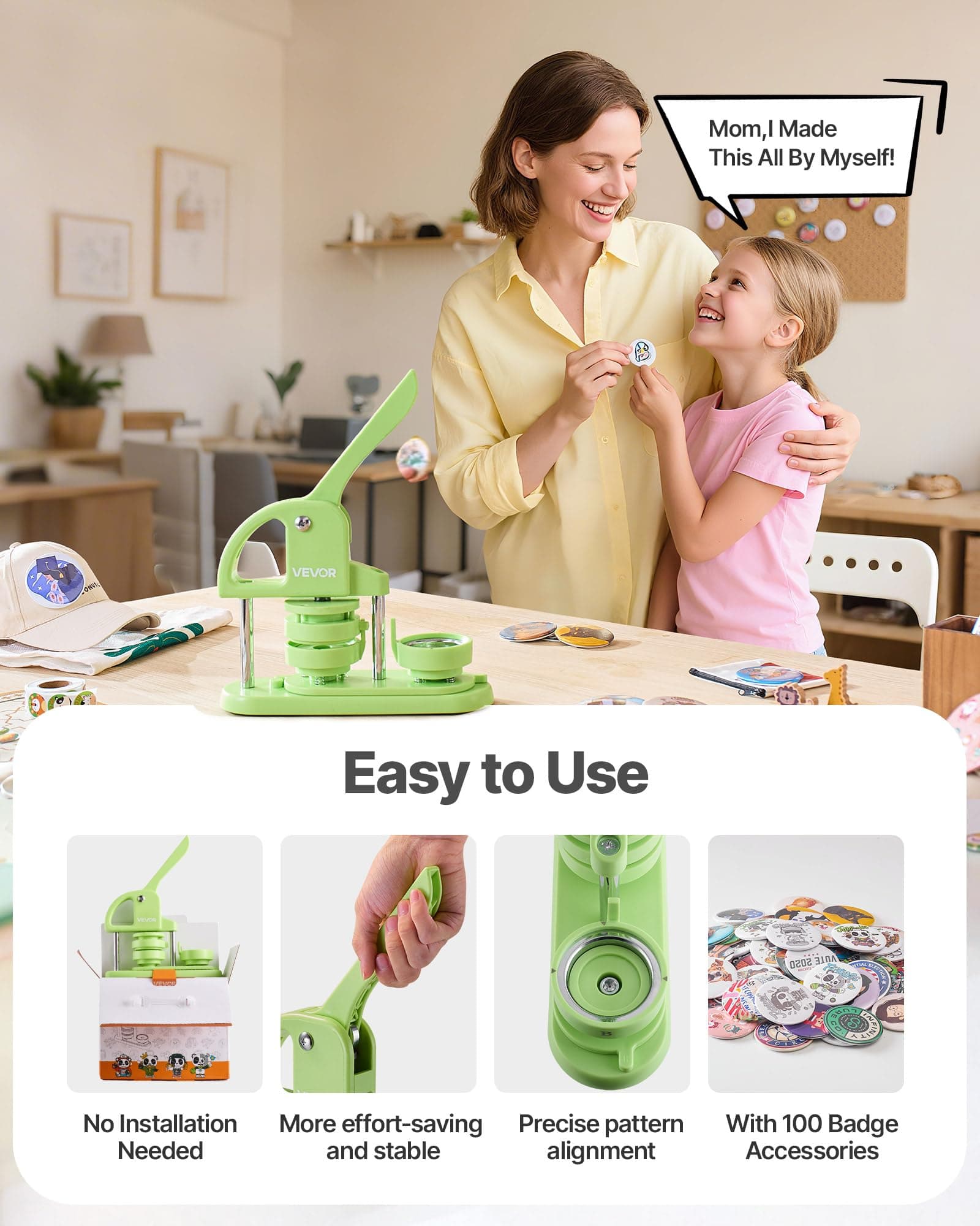 VEVOR Badge Machine 58mm Personalized Plastic Pins with 100 Consumables, Circle Cutter and Hex Wrenches, Ergonomic Handle for DIY Lapel Pins, Green thumbnail 5
