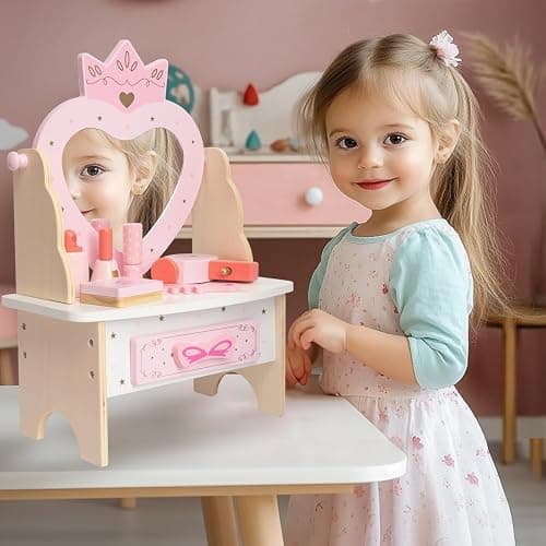 Wooden Vanity Set for Kids, Pretend Play Toddler Makeup Vanity Table Toys with 360° Rotatable Mirror, Beauty Salon Set Includes Makeup Accessories, Little Girls Gift Age 3+ (Pink) thumbnail 2