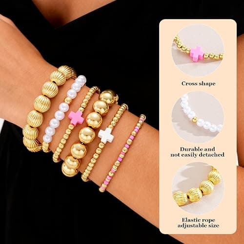 HUASAI Gold Bracelet Stack for Women Beaded Bow Bracelet Non Tarnish Chunky Stretch Paperclip Cross Pearl Bracelets Set Christmas Jewelry Gifts Stocking Stuffers for Teen Girls thumbnail 3
