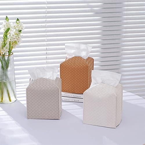 Tissue Box Cover PU Leather Tissue Holder Square Facial Tissue Case Facial Paper Organizer Dispenser for Bathroom, Vanity Countertop, Tabletop, Car, Griege thumbnail 7