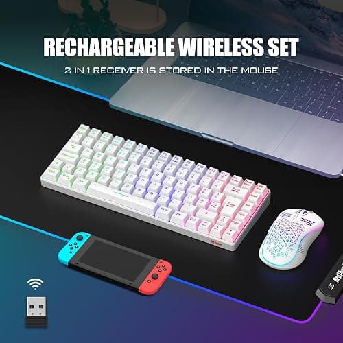 RedThunder K84 75% Wireless Gaming Keyboard and Mouse Rainbow Backlight UK Layout 85 Keys TKL Ultra Compact Mini Design Lightweight Honeycomb Gaming Mouse for PC Mac PS5 Xbox Office Gamers (White) thumbnail 2
