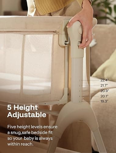 HARPPA Cuddly Baby Bassinet Bedside Sleeper, 3 in 1 Rocking Bassinet with Mattress and Soft Cover, Full Mesh Sides, 5 Height Adjustable with Wheels for Newborns, Beige thumbnail 8