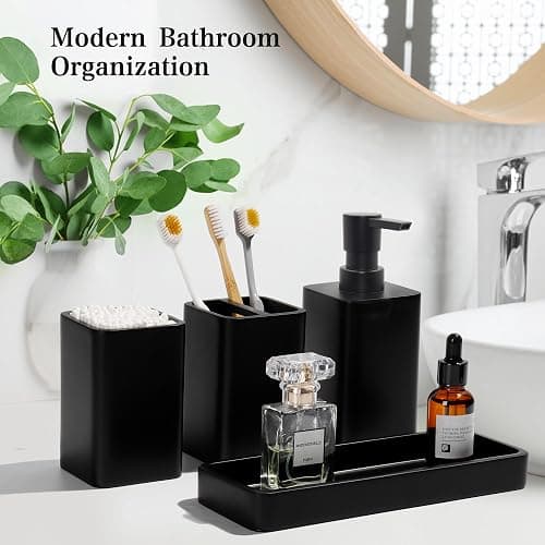 YMXYJM Bathroom Accessories Set, 4 Pcs Bathroom Accessory Set, Soap Dispenser, Toothbrush Holder, Qtip Holder Set, Bathroom Sets Complete, Bathroom Sink Set for Modern Home,Matte Black thumbnail 2