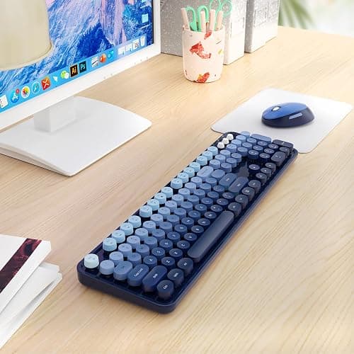 Nowlike Wireless Keyboard and Mouse Combo, Retro Typewriter Keyboard with Round Keycaps, Full-Size Ergonomic, Blue, Ideal for Windows PC, Home, Office, and College, Wireless Keyboard Mouse Combo thumbnail 8
