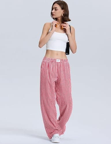 LOMON Womens Striped Gingham Boxer Pants Spring Summer Pajama Lounge Pj Casual Plaid Trousers Y2K Beach Bottoms with Pockets thumbnail 4