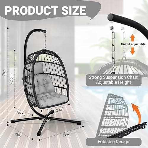 LEVELEVE Egg Chair with Stand,Patio Rattan Wicker Hanging Swing Egg Chair Hammock Chair for Bedroom Porch Garden,Thickened Aluminum Alloy Steel Frame and UV Resistant Cushion,350LBS Capacity thumbnail 2
