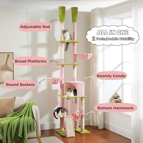 PAWZ Road Pink Cat Tree, Floor to Ceiling Cat Tower with Adjustable Height(85-112 Inches), 7 Tiers Climbing Activity Center with Cozy Hammocks, 5 Platforms and Scratching Posts for Indoor Cats-Pink thumbnail 5