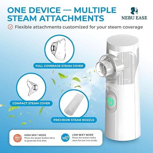 Nebu Ease Portable Facial Steamer & Personal Fine Mist Device – Handheld Rechargeable Mist Unit with Dual Output Levels, Compact Travel Design, Includes Multi-Use Attachments thumbnail 3