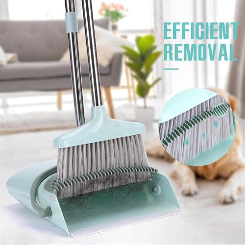 XXXFLOWER Broom and Dustpan Set with Cleaning Teeth, 55" Long Handle Indoor Sweeping Combo for Home Office Kitchen, Bluish Green thumbnail 3