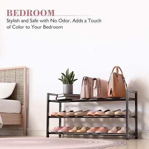 Bumusty 3-Tier Expandable Shoe Rack for Closet, 18“-33” Adjustable Shoe Rack for Small Space, Small Shoe Organizer for Front Door, Sturdy Metal, Black thumbnail 6