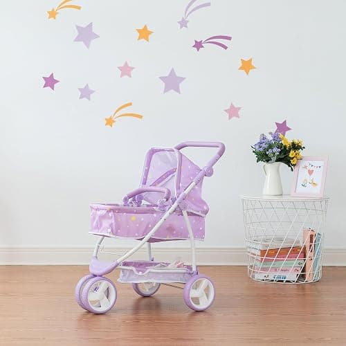 Olivia's Little World - Play Baby Doll Bassinet Stroller for Toddler, Baby Doll Pram Stroller Buggy for 3+ Year Old Girls, Twinkle Stars Princess 2-in-1 Baby Doll Stroller for Kids - Purple thumbnail 4
