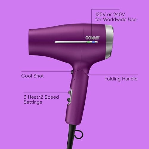 Conair Worldwide Folding Handle Hair Dryer with Concentrator & Diffuser, 1875W Travel Blow Dryer with Smart Voltage Technology, Ionic Conditioning Fights Frizz, 3 Heat & 2 Speed Settings, Purple thumbnail 2
