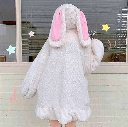 Women Bunny Ears Hoodie Kawaii Anime Aesthetic Cute Japanese Rabbit Fleece Jacket Sherpa Fluffy Fuzzy Coat Sweatshirt thumbnail 3