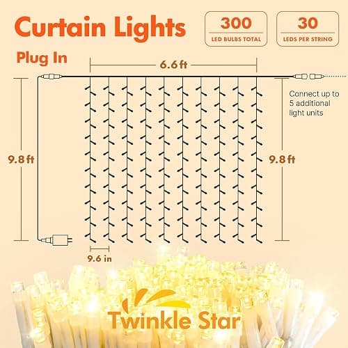 Twinkle Star 300 LED Window Fairy Curtain String Lights, 8 Modes Fairy Lights for Bedroom Wedding Party Home Garden Outdoor Indoor Wall Decorations, Warm White, 2 Pack thumbnail 2