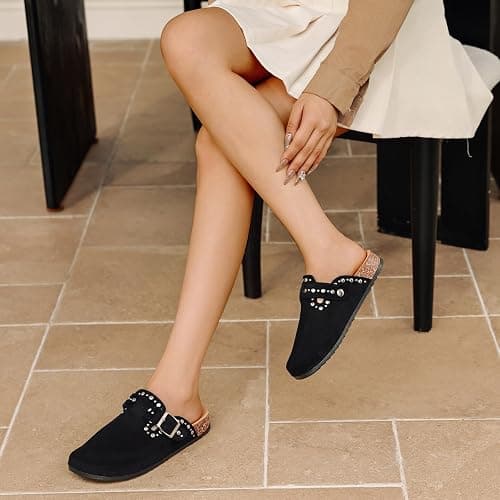 YorFotMae Womens Suede Clogs Mens Leather Slip On Mules Comfortable Adjustable Buckle Arch Support Slippers Cork Footbed Studded Potato Shoes thumbnail 3