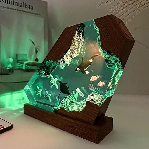 Orca Ocean Resin Lamp, Handmade Wooden Table Resin Night Light, USB Port Art Ornaments for Home Office Decor, Scuba Diver Gifts for Holiday, Unique Birthday Gifts for Mom Grandma Brother Sister thumbnail 9
