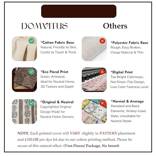 DOMVITUS Floral Throw Pillow Covers 18x18 Inch Set of 2, Block Print Decorative Pillow Covers Vintage Striped Neutral Farmhouse Boho Home Decor for Couch Sofa Bed Living Room, Light Blue thumbnail 5