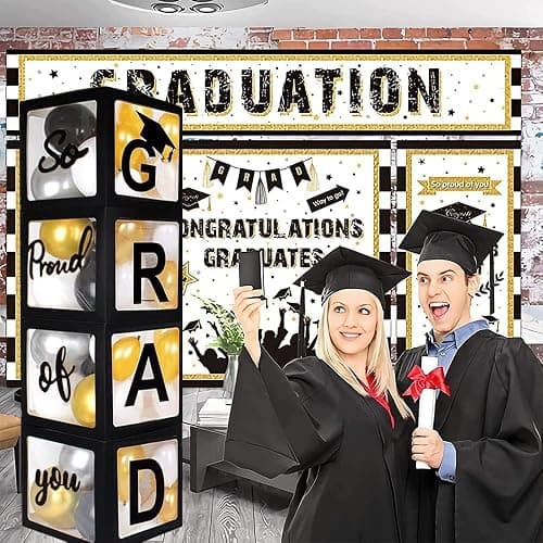 2026 Graduation Party Decoration Black Balloon Boxes with Letters 2026 Grad & So Proud of You and 20 pcs Ballons thumbnail 5