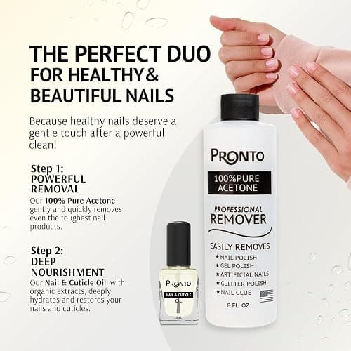 Pronto 8 Oz 100% Pure Acetone Nail Polish Remover and Cuticle Oil, Pure Acetone for All Nail Polish Types including Gel, Acrylic & Sculptured Nails, Gel Nail Polish Remover and Nail Repair, Duo Pack thumbnail 2