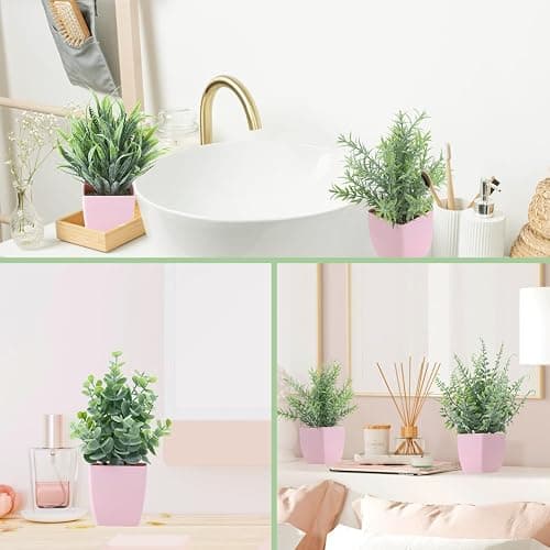 summer flower 4 Pack Small Fake Plants in Pink Pot Artificial Plant Indoor Eucalyptus Wheat Grass Ferns Rosemary Faux Greenery for Room Decor Home Office Desk Bathroom Kitchen Living Room Decorations thumbnail 5