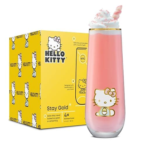 JoyJolt Hello Kitty Stay Gold Stemless Flutes, 9.4oz Drinking Glasses Set of 4, Sanrio Highball Glasses, Kawaii Hello Kitty Kitchen Glass Set Ideal for Water Juice Smoothies, Skinny Tall Glasses thumbnail 8