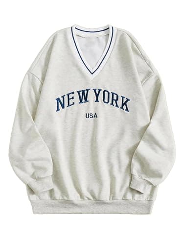 Remidoo Womens New York Embroidered V Neck Sweatshirt Oversized Long Sleeve Pullover Top - Image 1
