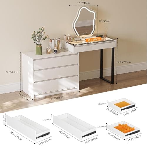 BROTTAR Vanity Dressing Tables with LED Lights, Glass Top Vanity Table Makeup Desk with Cloud-Shaped Mirror and 5 Drawers, White Dresser with Charging Station for Bedroom - Style A thumbnail 2