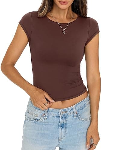 EasyGala Womens Double Lined Tops Cropped Cap Sleeve Shirts Crew Neck Fitted Going Out Tees Y2k Summer Clothes 2026 - Image 1
