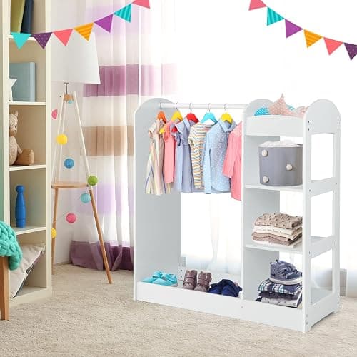 Costzon Kids Dress up Storage with Mirror, Clothes Rack, 3-Tier Shelves, Bottom Tray, Pretend Play Costume Dresser Organizer Center, Open Hanging Armoire Closet for Little Girls (White) thumbnail 8