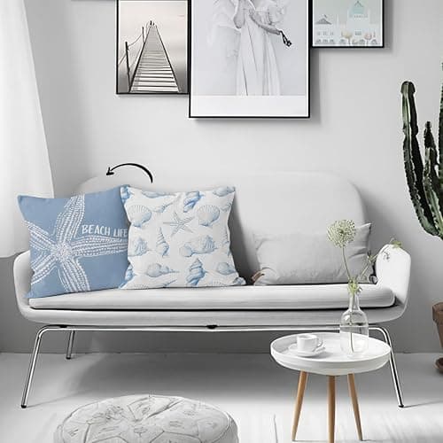 HIWX Coastal Beach Starfish Seashell Pillow Covers 18x18 Double-Sided, Coastal Beach Room Decor, Blue Ocean Beachy Seashell Decorative Pillow Covers for Couch Bed Home Bedroom Decor thumbnail 2