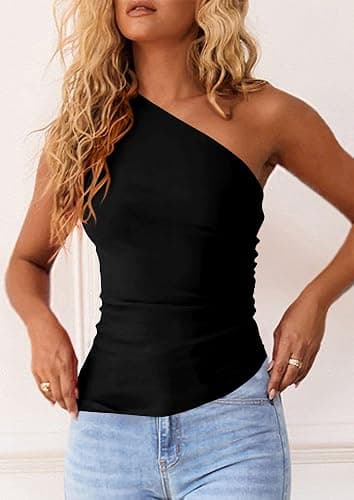 PRETTYGARDEN Womens 2025 Summer Y2K Tops Sleeveless One Shoulder Slim Fit Shirts Ruched Knit Asymmetrical Top Blouse thumbnail 5
