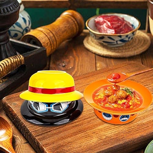 Clakioom 3 Piece Anime Ramen Bowl, Ramen Bowl Set,Straw Hat Design Japanese Ramen Ceramic Bowl Set of 9 with Chopsticks and Spoon thumbnail 2