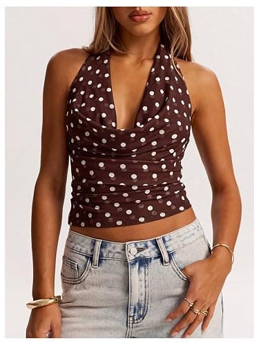 MakeMeChic Women's Y2K Polka Dots Halter Top Cowl Neck Crop Going Out Tops thumbnail 4