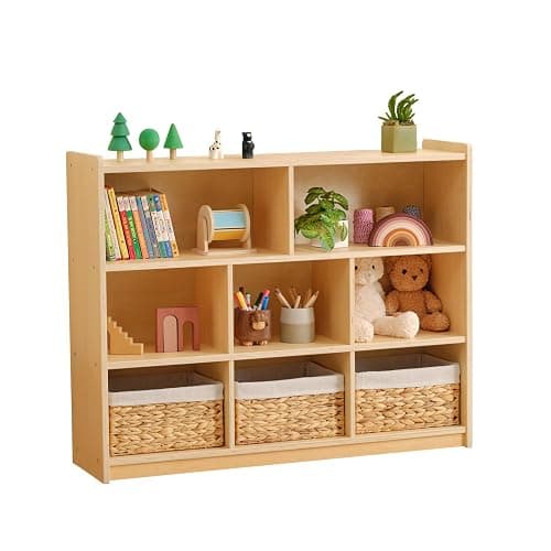 OOOK Montessori Toy Shelf, 3-Tier Large Toy Storage Organizer with 8 Cubby | FSC Plywood, Wooden Storage Cabinet, Montessori Shelf for Playroom, Nursery, Preschool, Classroom, 44.6"W×11.7"D×35.4"H - Image 1