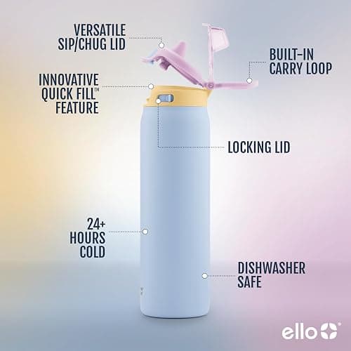 Ello Pop & Fill 32oz Stainless Steel Water Bottle with QuickFill Technology, Double Walled and Vacuum Insulated Metal, Leak Proof Locking Lid, Sip and Chug, Reusable, BPA Free, Coastal Sunrise - 32 Ounces - Coastal Sunrise thumbnail 5