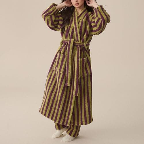 Homgro Women's Fuzzy Fleece Long Robe Striped Plush Kimono Warm Thick Fluffy Oversized V Neck Loungewear Maxi Bathrobe thumbnail 4
