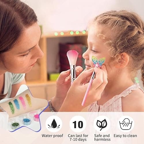 Temporary Glitter Tattoo Kit for Kids & Adults, LCDGTJ 42 Glitter & 6 Fluorescent Color, 209 Stencils, 4 Glue, 5 Brushes, 1 Diamond Sticker, Safe & Easy Removal Face Body Art Birthday Party Supplies thumbnail 4