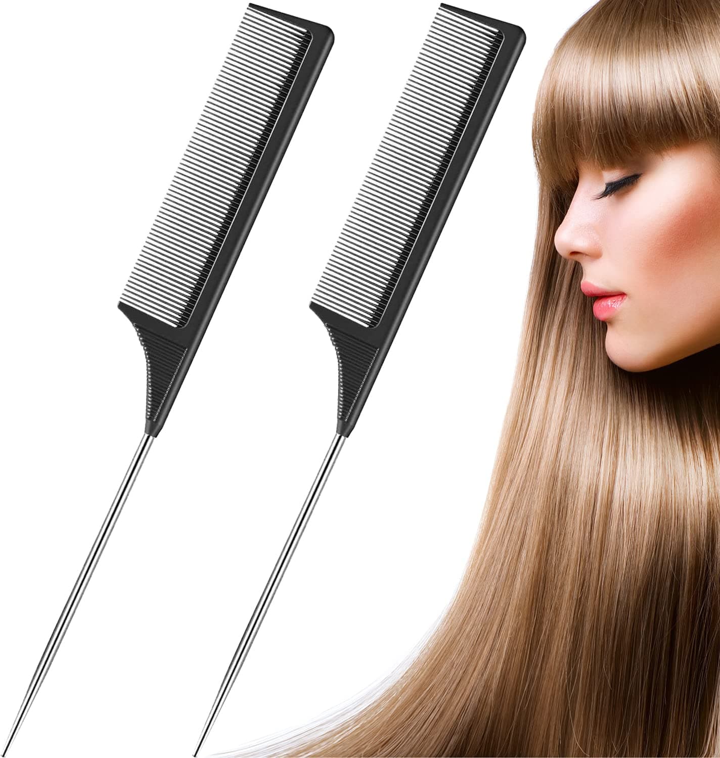 ROTOPATA 2 Pack Rat Tail Combs, Fine Tooth Combs with Steel Pintail | Lightweight Carbon Hair Comb, Black Pick Comb for Women Parting Teasing Coloring Braiding Salon Styling - Image 1