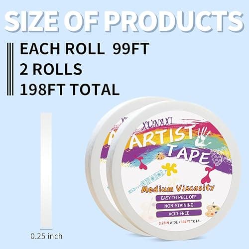 XUNAXI 2 Packs Artist Tape Medium Tack White Art Tape for Watercolor Paper Drafting Art Painting Canvas Framing Acid Free Masking Tape- 0.25IN Wide 197FT Long Total thumbnail 2
