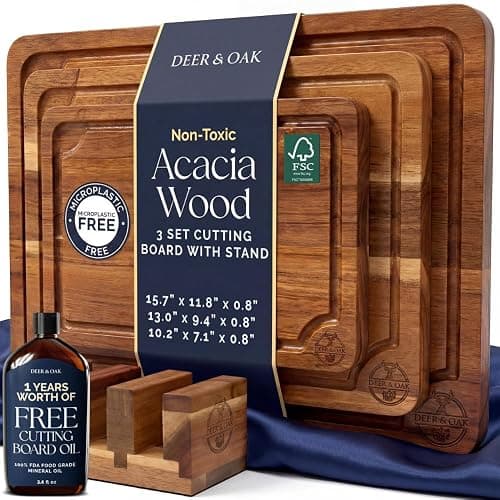 Pre-Oiled, Non Toxic 3-Piece Acacia Cutting Board Set with Stand, FSC Certified Wooden Chopping Boards, Includes 3.4 fl oz Chopping Board Oil, 3 Wood Carving Boards for Home, BBQ Kitchen, Deer & Oak - Image 1