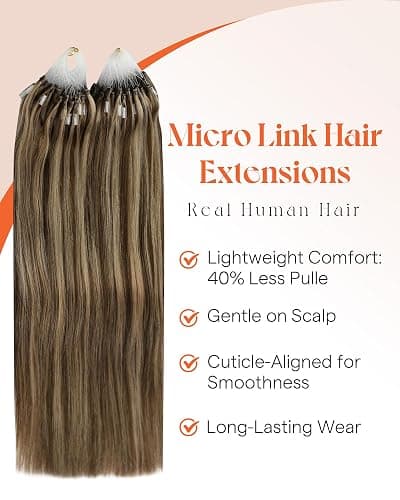 Sunny Hair Brown Micro Link Hair Extensions Human Hair Soft Microloop Hair Extensions Human Hair Dark Brown Highlight Caramel Blonde Cold Fusion Extensions Real Human Hair for Women 20inch 50g thumbnail 3