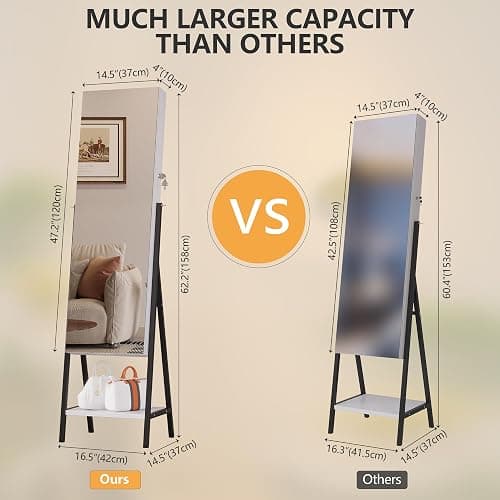 jajov 47.2" LED Jewelry Cabinet Armoire, Standing Full-Length Mirror With Jewelry Storage, Jewelry Organizer Armoire, Lockable Jewelry Mirror Cabinet (Rustic White) thumbnail 2