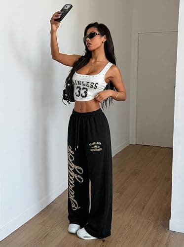 ZAFUL Womens Wide Leg Sweatpants Y2K Gothic Graffiti High Waisted Lounge Pants Athletic Joggers Pants with Pockets thumbnail 5