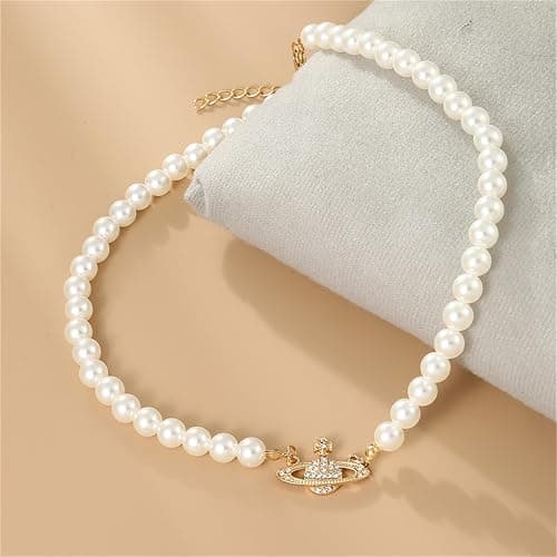 Pearl Saturn Necklace for Women Rhinestone Planet Choker Artificial Pearl Necklace Birthday Party Anniversary Ladies' Wedding Charm Jewelry Gift thumbnail 5