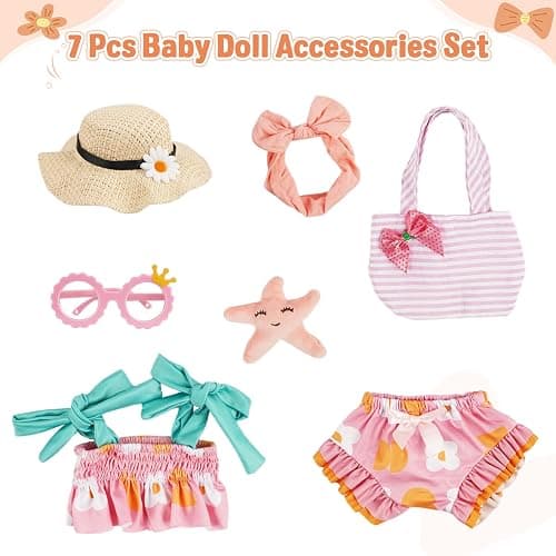 BABESIDE 7-Piece Reborn Baby Doll Clothes Set for 16–20 Inch Dolls, Washable Floral Outfit for Realistic Babydoll with Hat, Bag and Headband, Baby Doll Accessories Pretend Play Set for Kids thumbnail 3