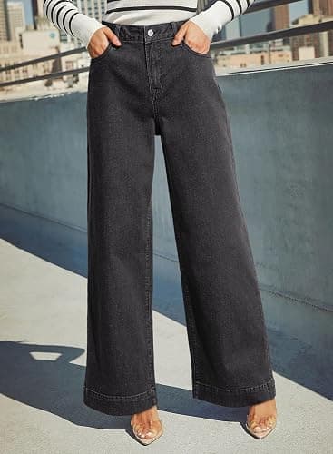 DOKOTOO Women's Casual High Waisted Jeans Stretch Button Wide Leg Loose Denim Pants with Pockets thumbnail 3