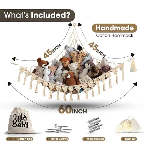 Abby Baby Extra Large Stuffed Animal Hammock with LED Lights 100% Natural Cotton Macrame Toy Storage Net for Plushies & Squishmallows Boho Macrame Corner Organizer for Kids’ Room or Nursery (Beige) thumbnail 4