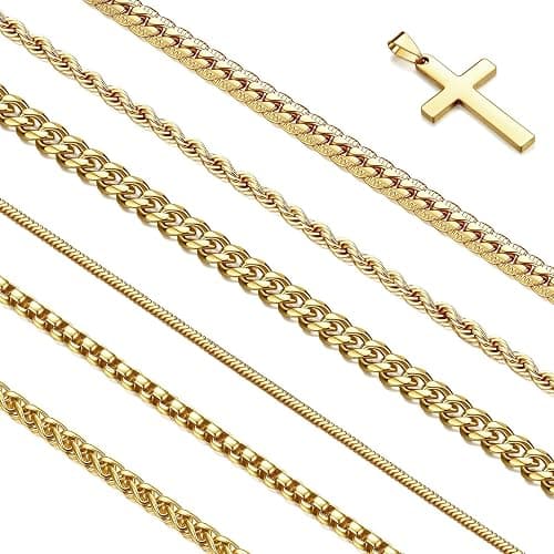 CLASICOMIS 7 Pcs Mens Stainless Steel 18K Gold Plated Chain Necklace Jewelry Set for Men, 6 Chains and 1 Cross Pendant - Image 1